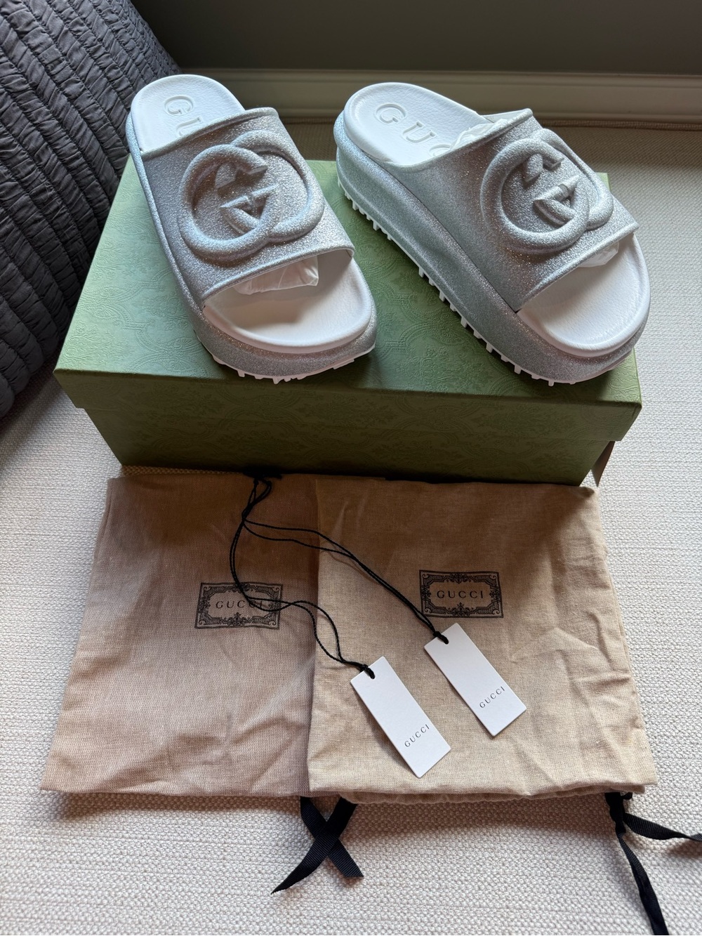 Gucci GG Logo Women’s White Glitter Platform Slide Sandals